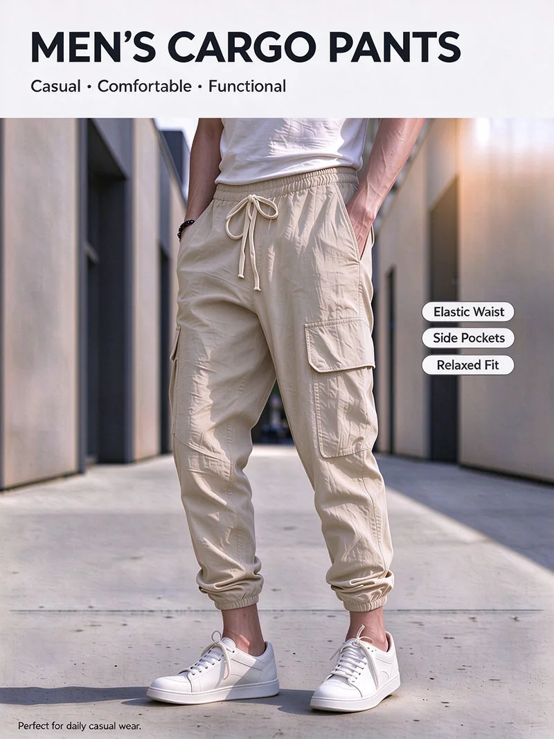 Herren Baumwoll-Leinen-Mischung Cargo Jogginghose mit Elastischem Bund, Kordelzug und Mehreren Taschen, Lässige Atmungsaktive Streetwear-Hose für Männer – Detail 1