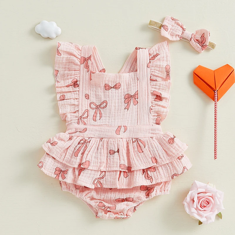 Baby Girl Valentine s Day Romper Bow Heart Print Flutter Sleeves Square Neck Bodysuit with Bow Headband