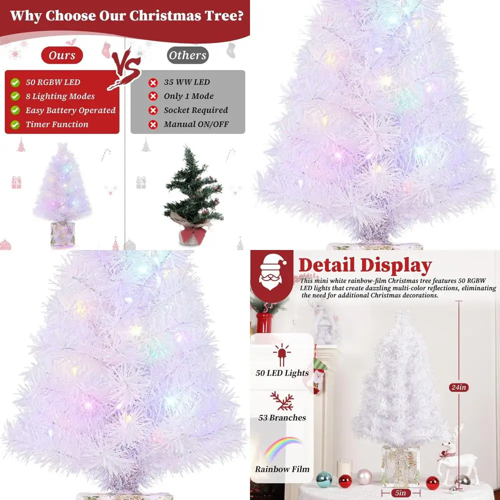 

Battery-Powered 2-Foot Mini Christmas Tree with 50 Multicolor LED Lights, Gold Base, White