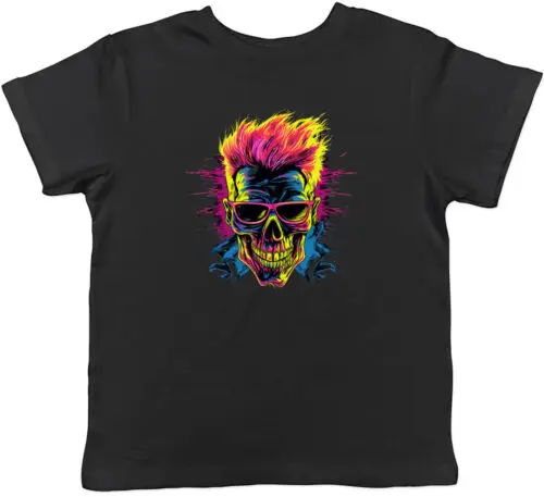 Neon Skull Kids T-Shirt Gothic Dapper Skeleton Face Childrens Boys Girls Gift