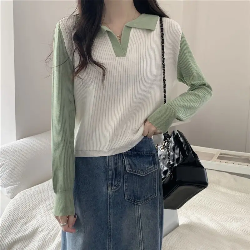 Autumn New Fashion Versatile Korean Sweater Simple Polo Collar Color Block Long Sleeve Women\'s Patchwork Pullover Loose Knit Top