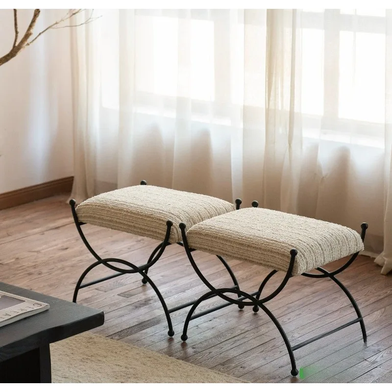 

French retro door shoe changing stool metal soft bag foot pedal small sofa stool dressing stool