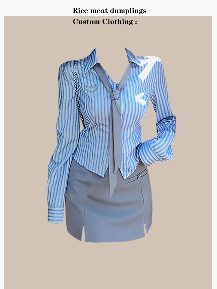 

Trendy Preppy Style Striped Shirt And Skirt Set Long Sleeve Collar A-Line Skirt with Tie for Women Autumn Fashion