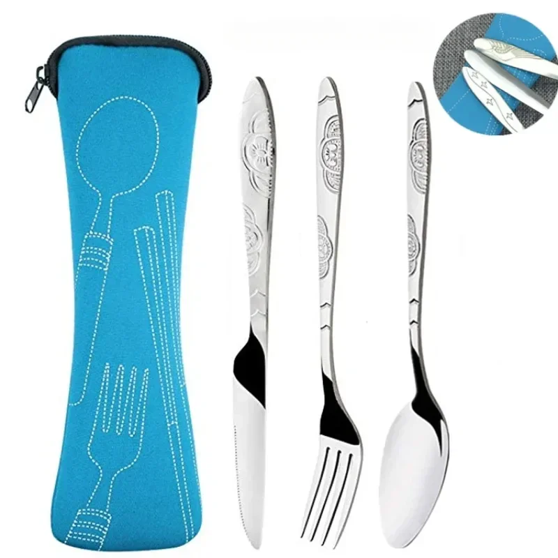 

3Pcs Steel Knifes Fork Spoon Set Family Travel Camping Cutlery Eyeful Four-piece Dinnerware Set with Case spoon and fork set