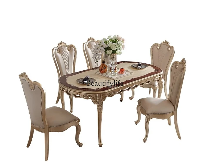 

French light luxury solid wood silver foil long dining table European luxury villa large flat dining table and chairs