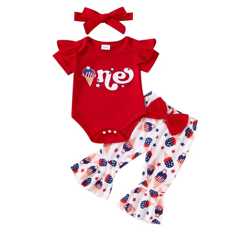 4th Fourth of July Baby Girl Outfit My First 4th of July One Ruffle Romper  Bell Bottoms Pants Clothes Set