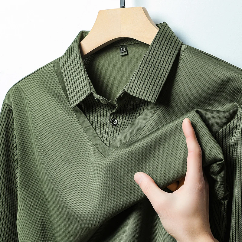 Frühlings- und Herbst-T-Shirt für Herren mittleren Alters, zweiteilig, aus reiner Baumwolle, langärmlig, mit großem Kragen und lockerem Poloshirt-Design. – Detail 6