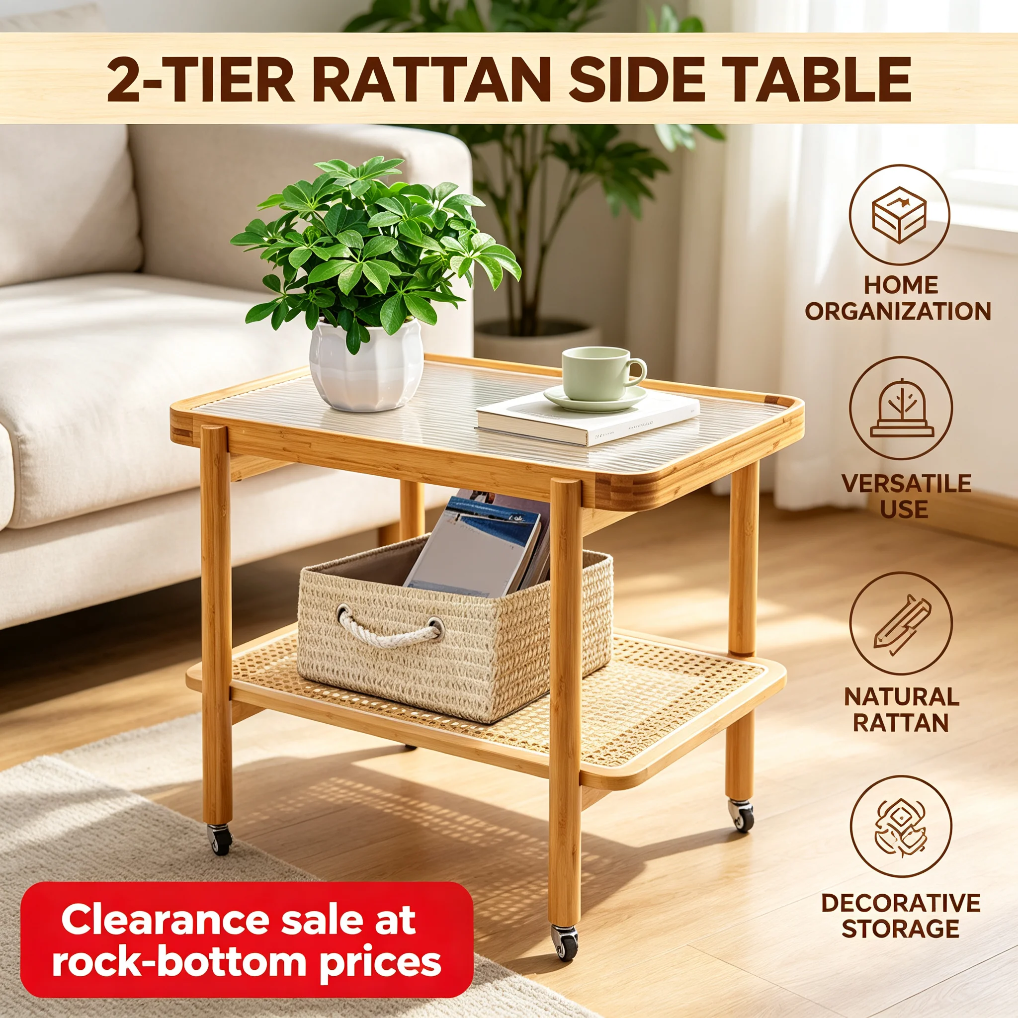 Clearance Sale 2-Tier Rolling Table 27.76x15.75x21.65in with Tempered Glass Top & Lockable Wheels, Rustic Rattan Sofa Side Table with Assembly Kit for Living Room Bedroom Office Cafe Decor
