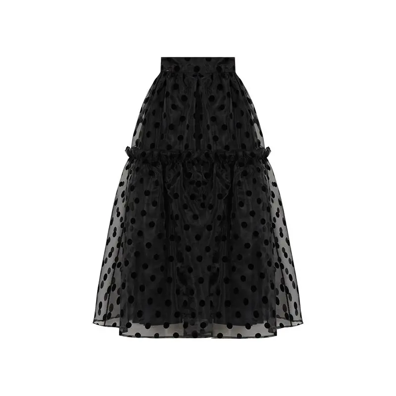 2022 Autumn New  High Waist Slim Organza Flocking Dotted Black Skirt Girl   Casual  A-LINE  Mid-Calf  bandage skirts