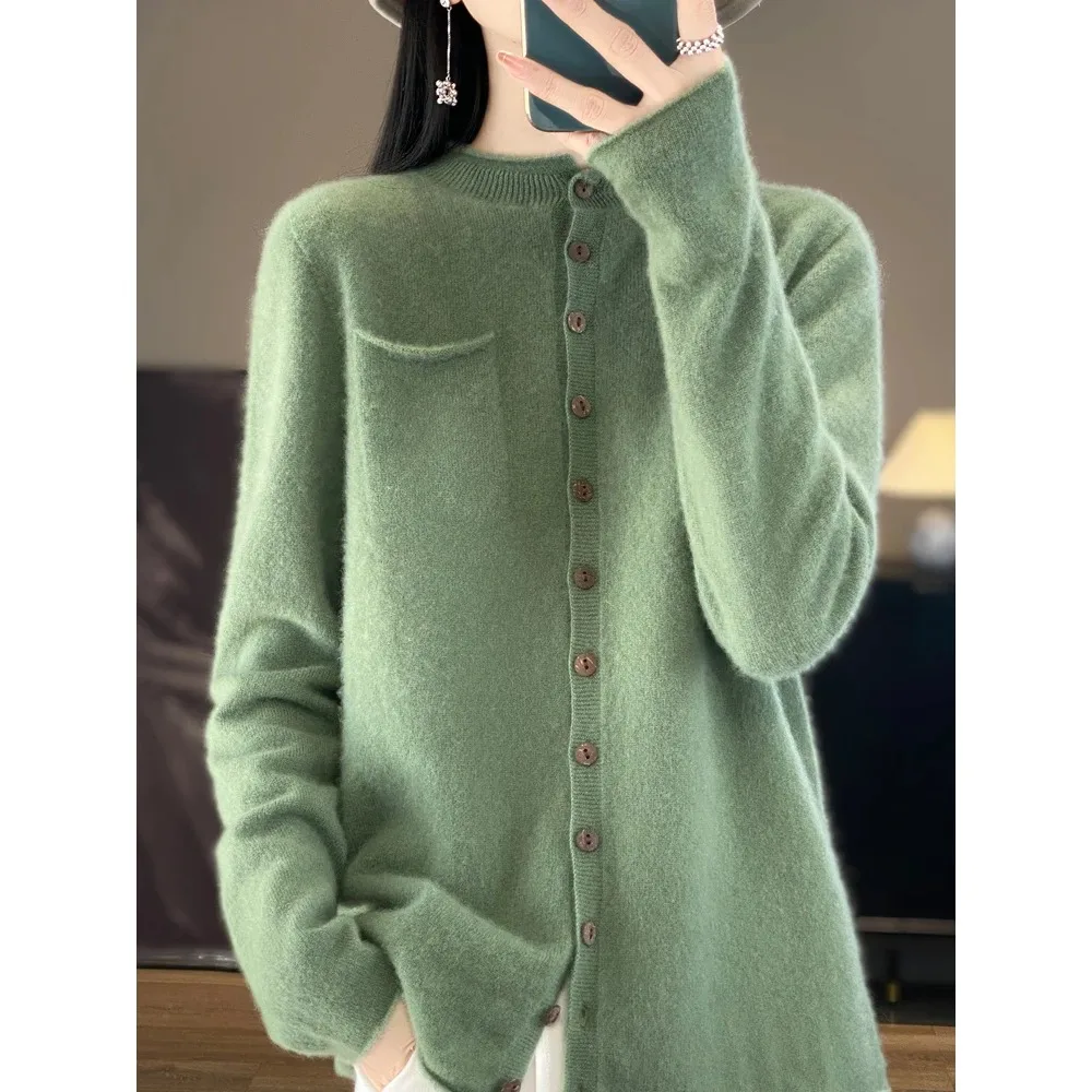 

Women's Sweater Cardigans Autumn Winter Long Sleeve 100% Merino Wool Knitwear Binding Pockets Cashmere Solid Female Clothing Top