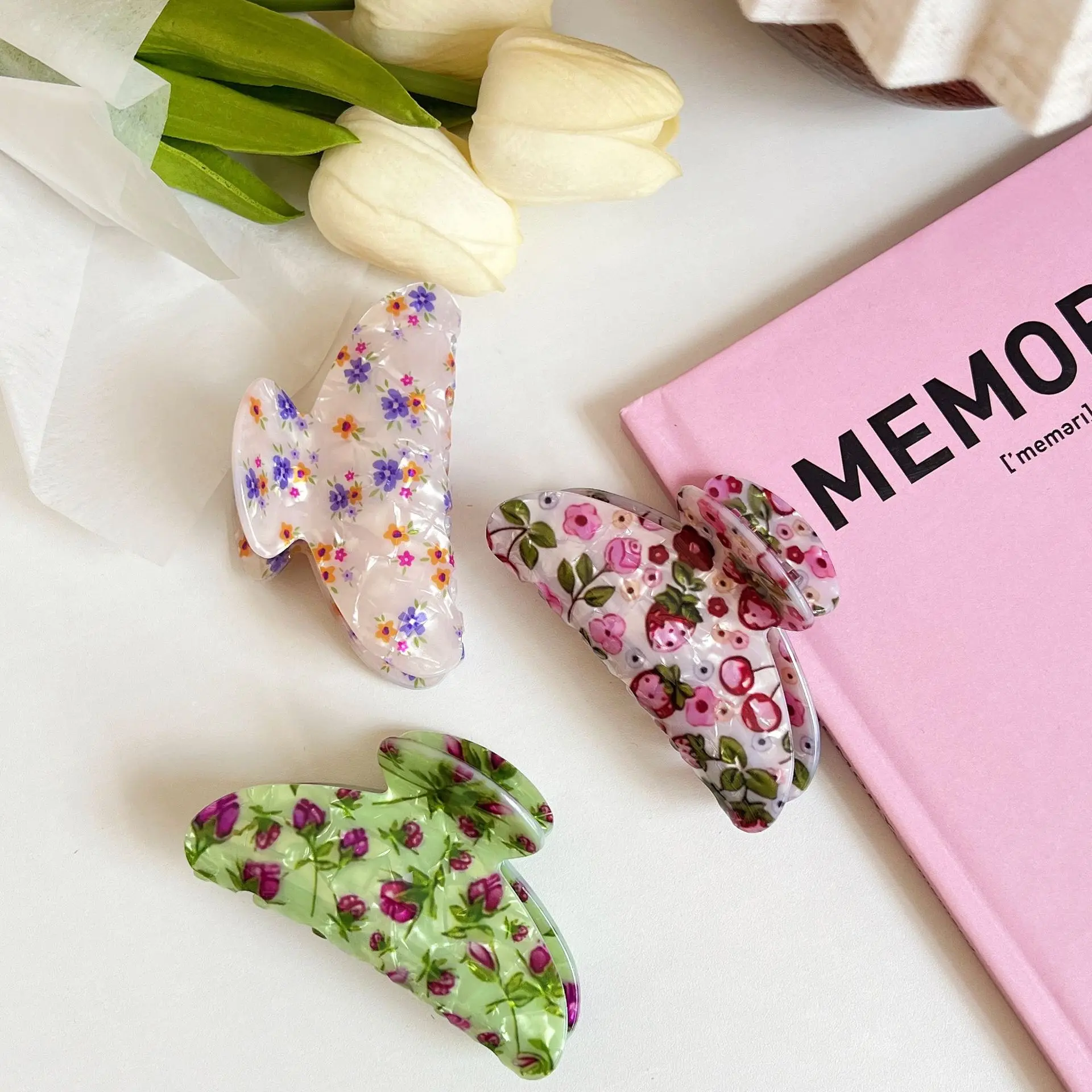 1 منتزع جديد مطبوع، مشبك سمك القرش على شكل زهور عتيقة، أداة التقاط شعر عصرية على شكل شعر مكسور