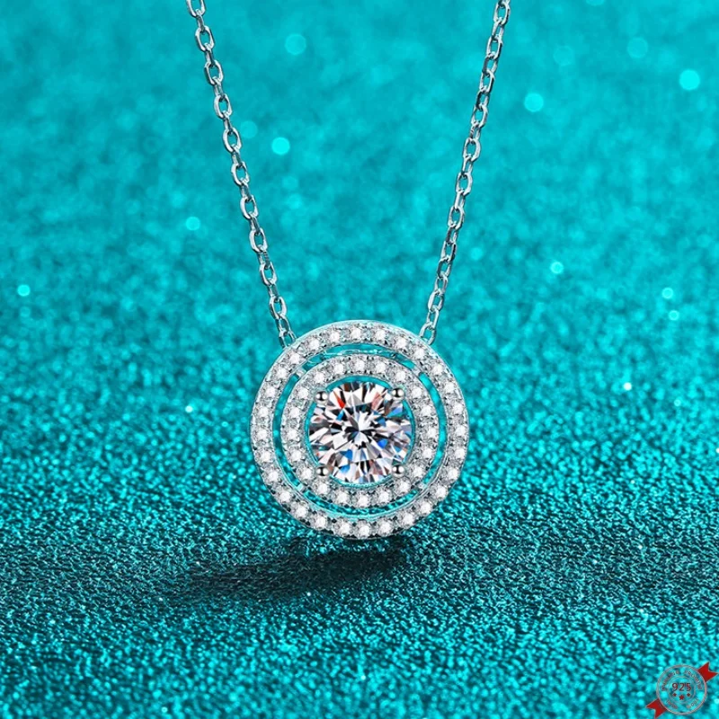 

0.5/1.0/2.0ct Moissanite S925 Silver Necklet Pendant for Women Plated Pt950 Double Circle Round Charm Necklace Jewelry Wholesale