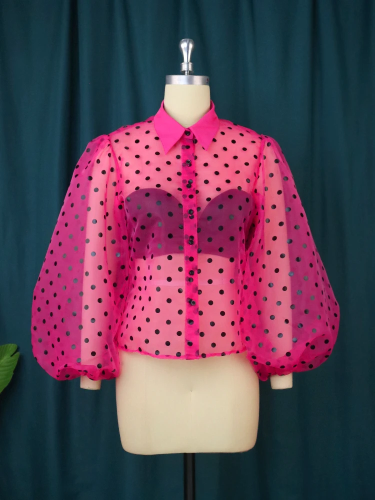 AOMEI Women Black Transparent Shirt Polka Dot Tops Blouse Lantern Sleeves See Through Sexy Button up Fashion Ladies Work Classy