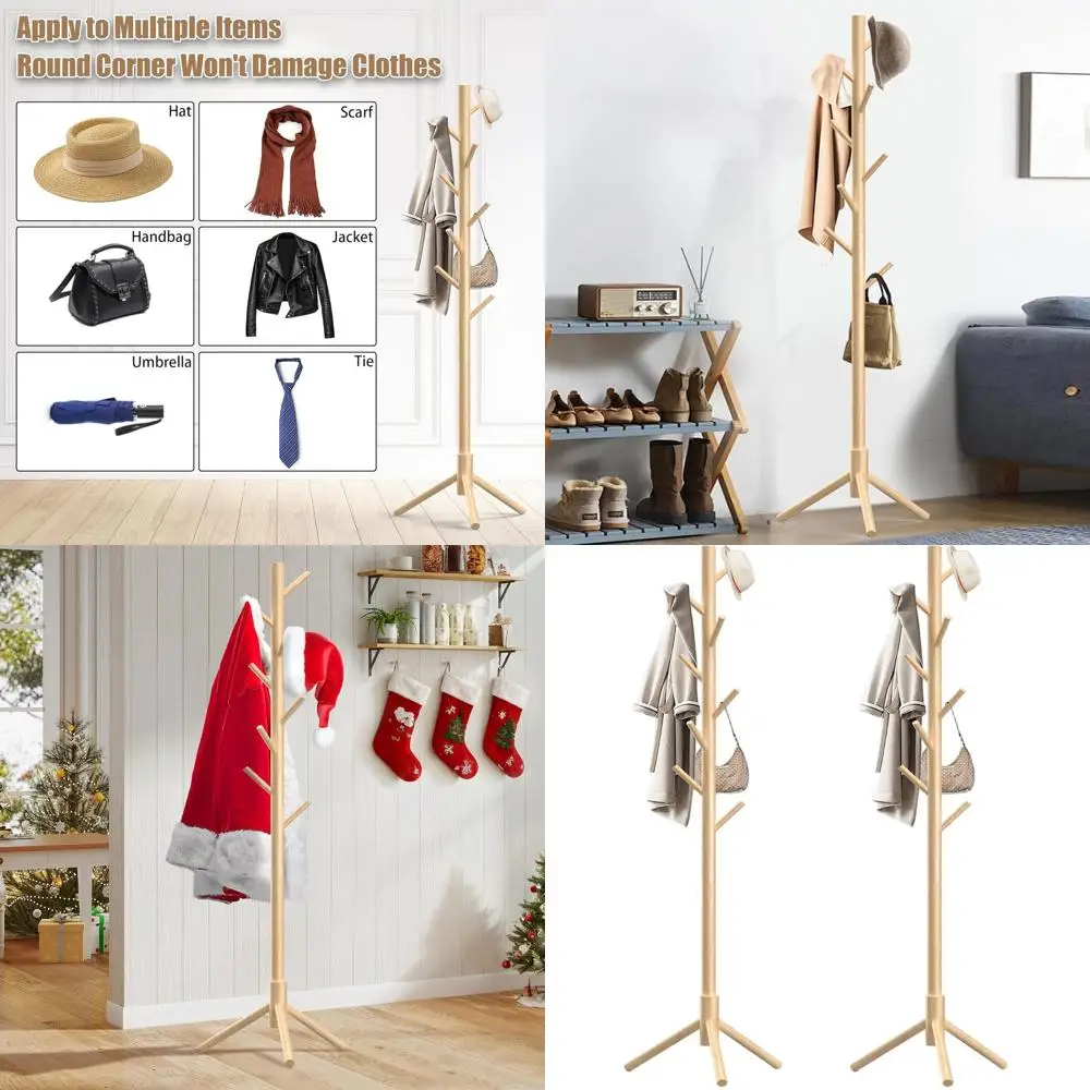 

8-Hook Wooden Coat Rack Stand, Adjustable Tree for Hats, Coats, and Accessories, Ideal for Home or Office Entryways (Natural, Se