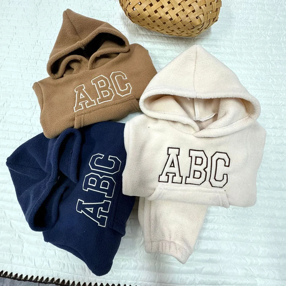 2Pcs Autumn Unisex Baby Clothes Letter Print Long sleeve Hooded and Elastic Pants Solid Color Lambskin Baby outfit sets