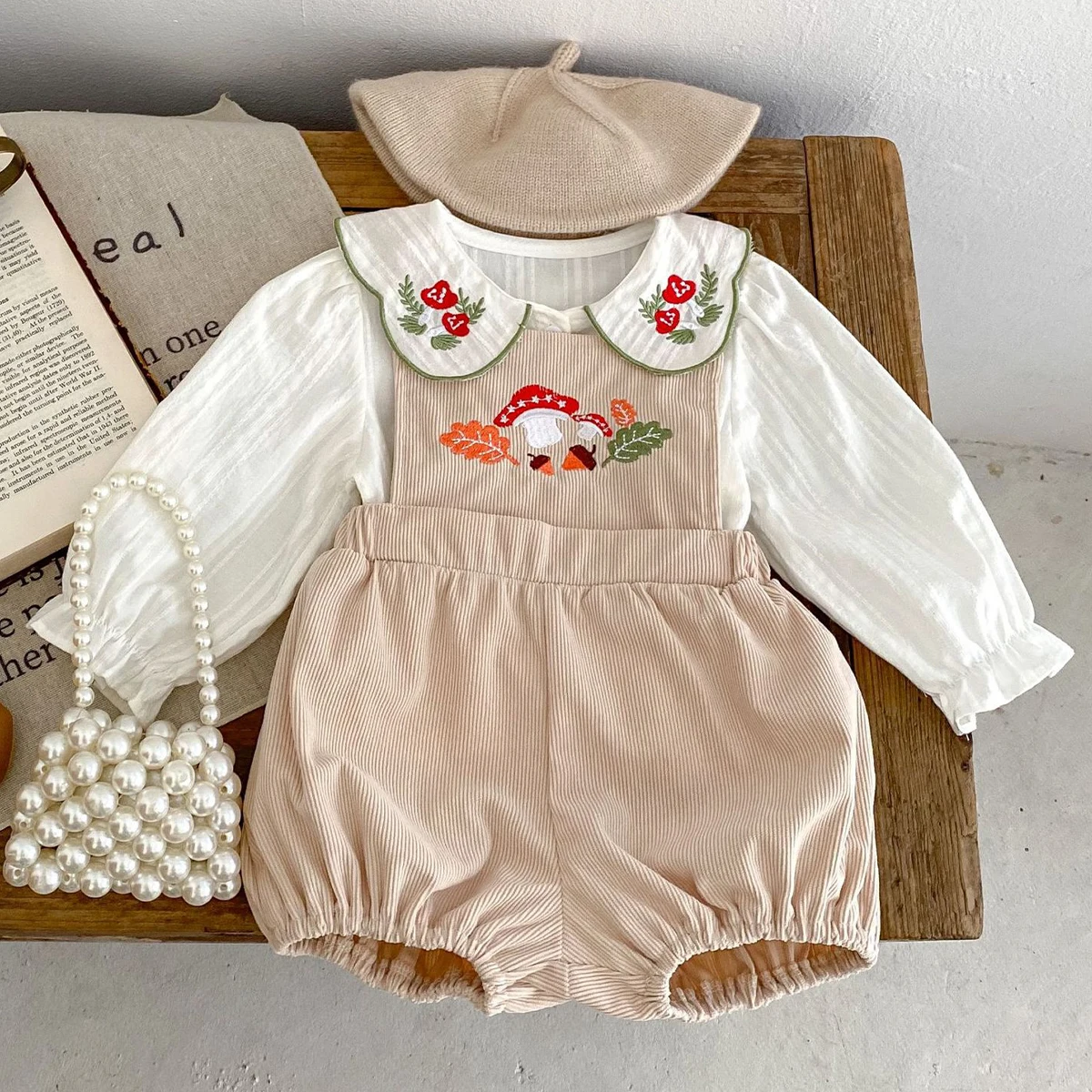 Instagram Spring/Summer New Single Item Set for Infants and Girls Baby Embroidered Polo Collar Cardigan Top+Strap Pants 2-piece