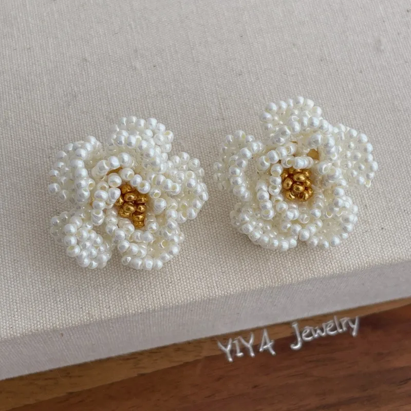 Minar Elegant Simulated Pearl Beads Strand Knitted Flower Camellia Dangle Earrings for Women Real Gold Plated Copper Jewelry