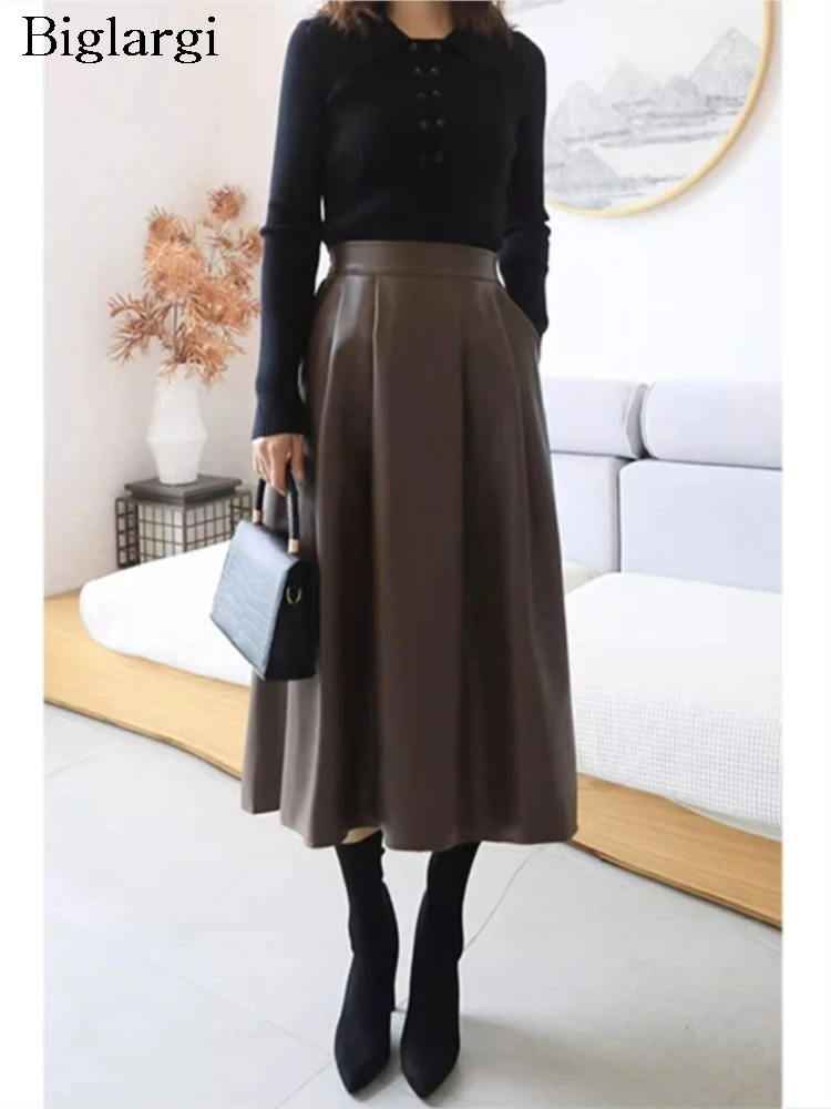 

PU Autumn Winter Long Skirt Women Ruffle Pleated Loose Korean Style Fashion Ladies Leather Skirts Casual Woman Skirt