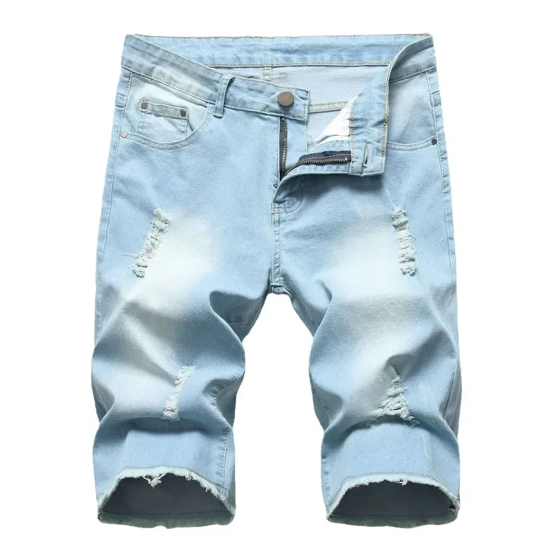 KIDWHXR Summer Men Denim Shorts Streetwear Gradient Color Hole Male Knee Length Pant Washed Mid Waist Straight Casual Man Shorts