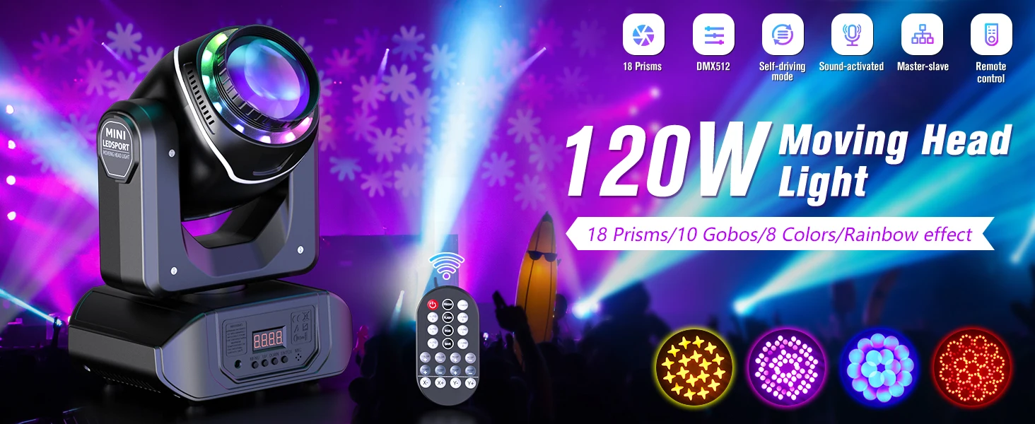 Yiflamefly 120W Beam Moving Head Light mit 18 Prismen, 10 Gobos, 8 Farben, Bühnenbeleuchtung mit Fernbedienung und DMX-Steuerung für Hochzeiten, DJs, Partys und Bars – Detail 2