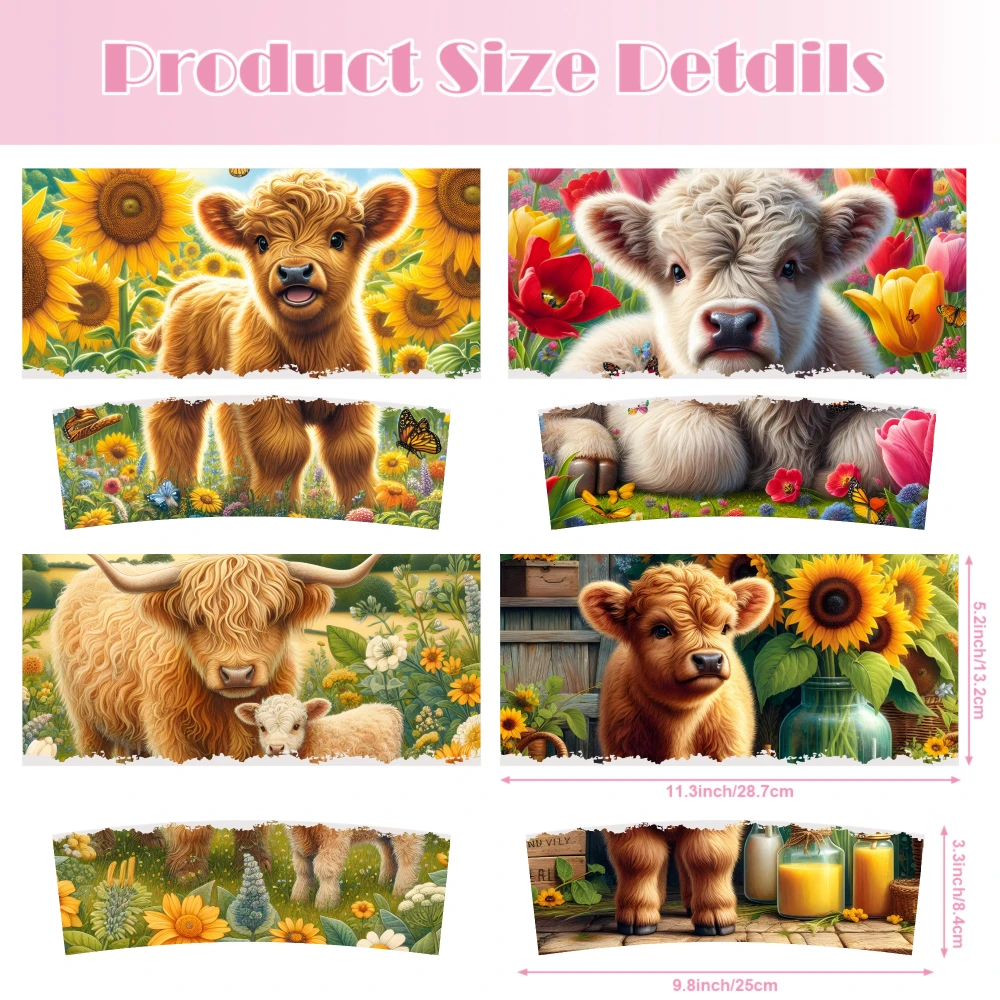4 Sheets Sunflower Cow Garden Floral Calf Buttercup UV DTF Stickers for 40oz Tumblers Decorative Transfer Paper Coffee Mug