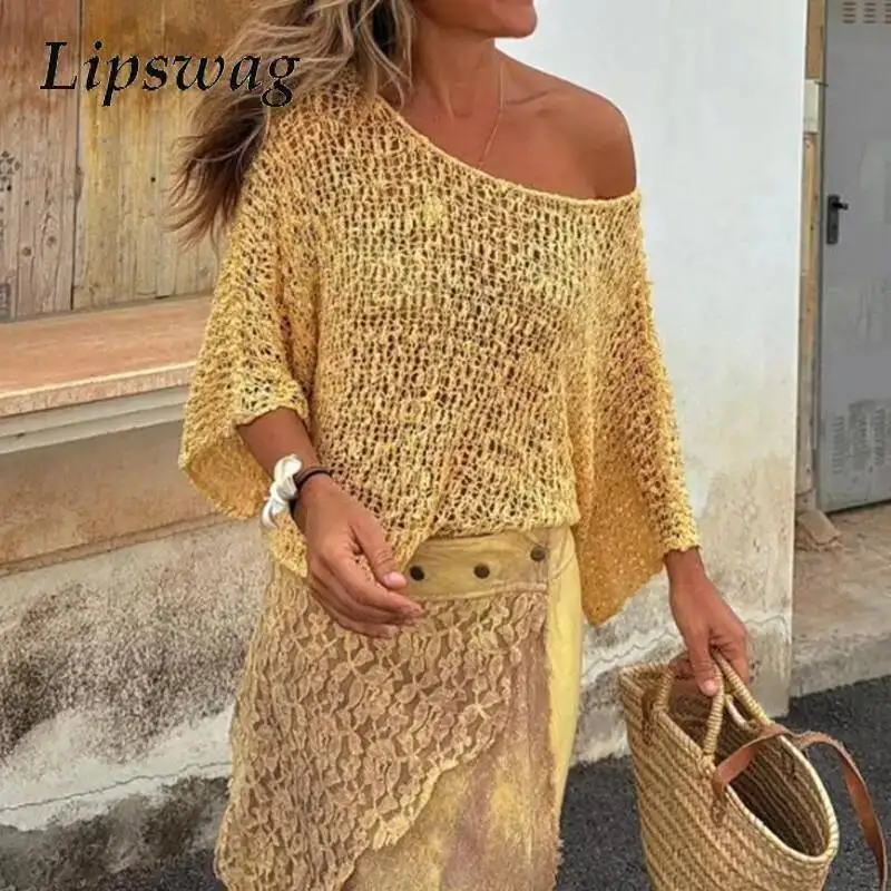 Moda hollowo solto protetor solar camisa sexy ombro inclinado malha cobrir ups topos feminino elegante o pescoço manga longa pulôver sólido