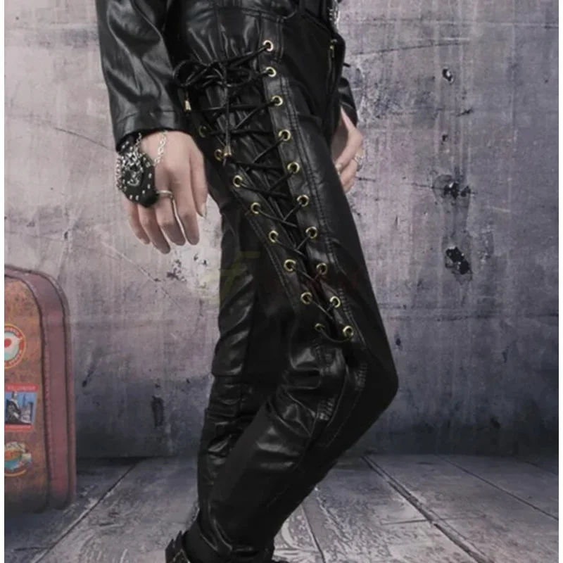 Men's leather pants cosplay fashion casual pant male slim fit PU leather locomotive pants punk rock stage show costumes js773