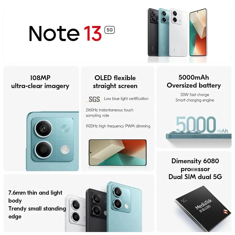 Xiaomi Redmi Note 13 5G Global ROM Mobile Phone 108MP Rear Camera 6.67\