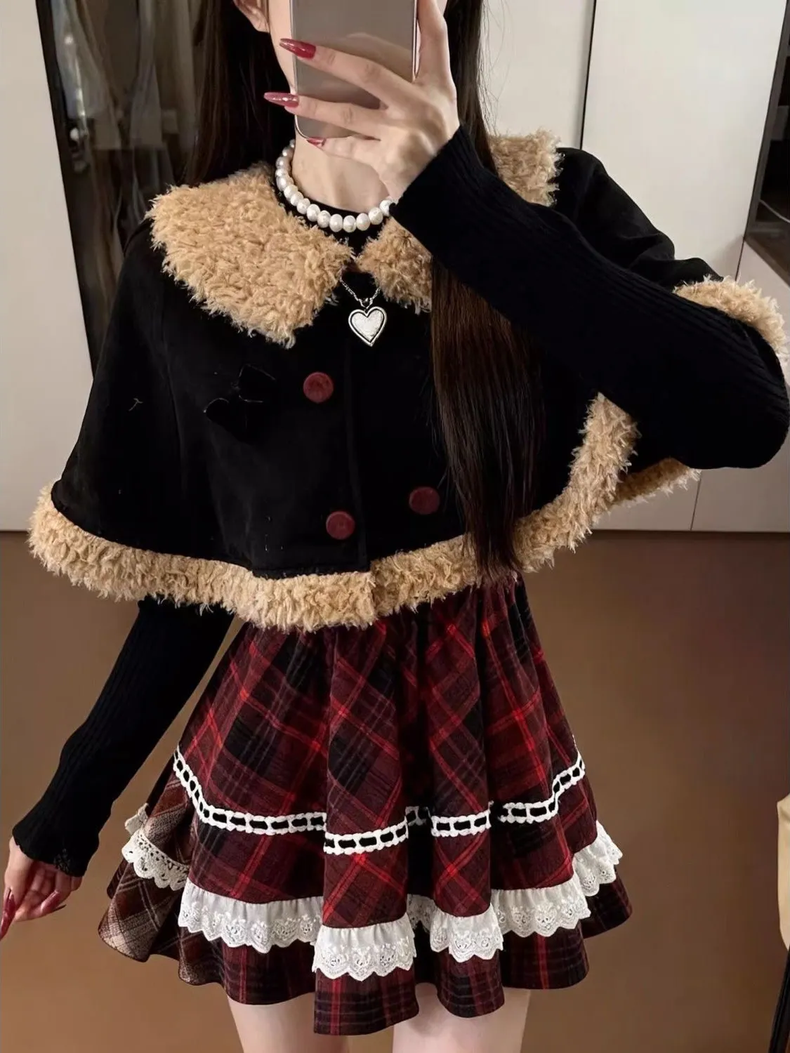 

Бархатный плащ в клетку Sweet Sle, женский зимний комплект из двух предметов, Aosphere Feeling, ретро клетчатый принт, длинная молния све