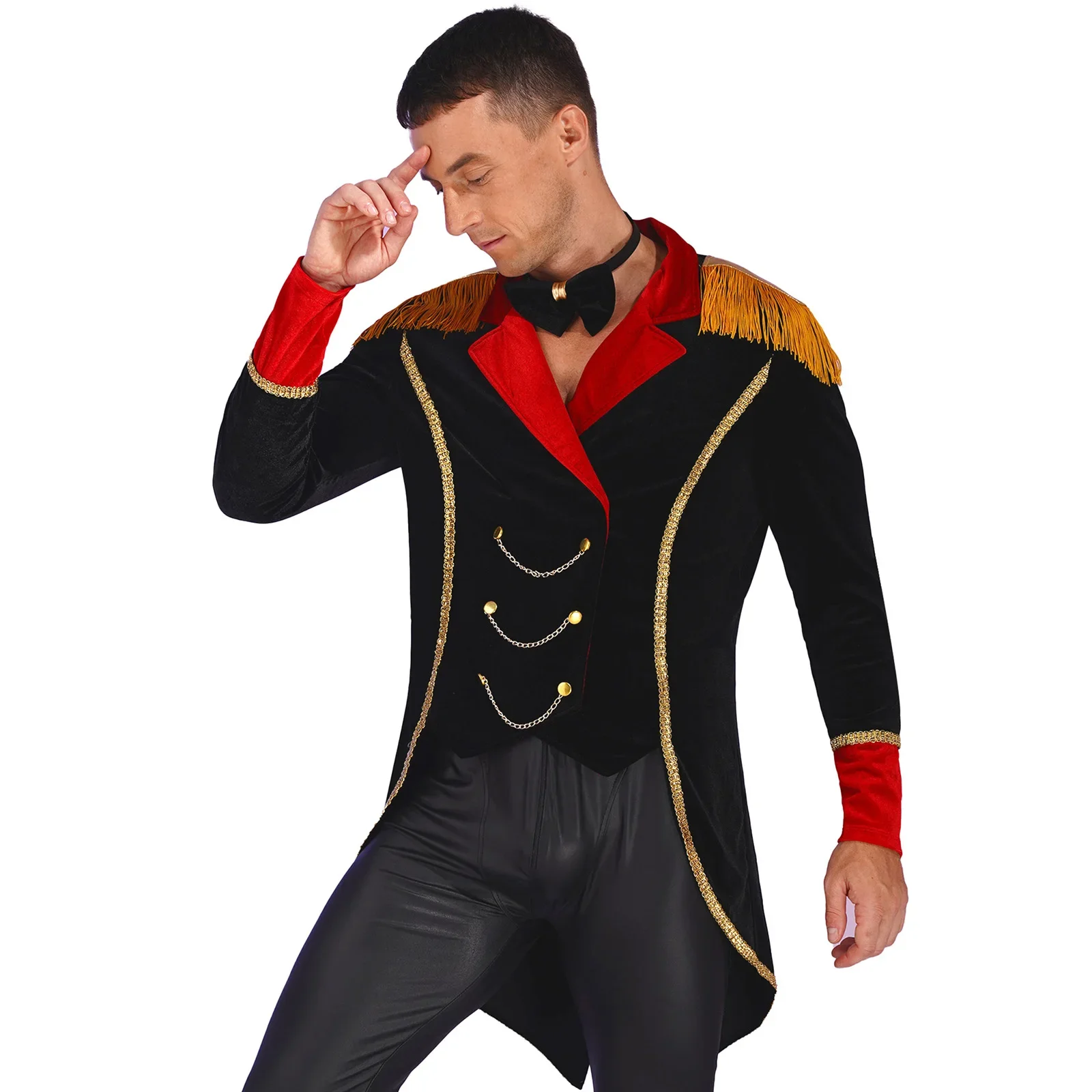 Mens Halloween Circus Ringmaster Cosplay Costume Fringe Velvet Jacket Theme Party Showman Swallow-Tailed Coat Tuxedo Tailcoat