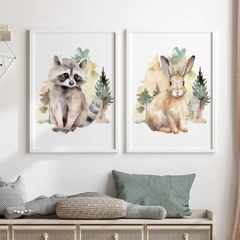Multi-size 1PC frameless high-definition decorative paintings,Watercolor Animals Bear Wolf Raccoon Rabbit Fox Deer Wall Art Canv