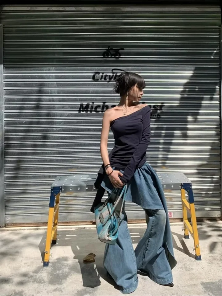 希少　00s archive 和柄　easy denim pants y2k Women's Blue Y2k Skirt Jeans Harajuku Japanese 2000s Style Baggy
