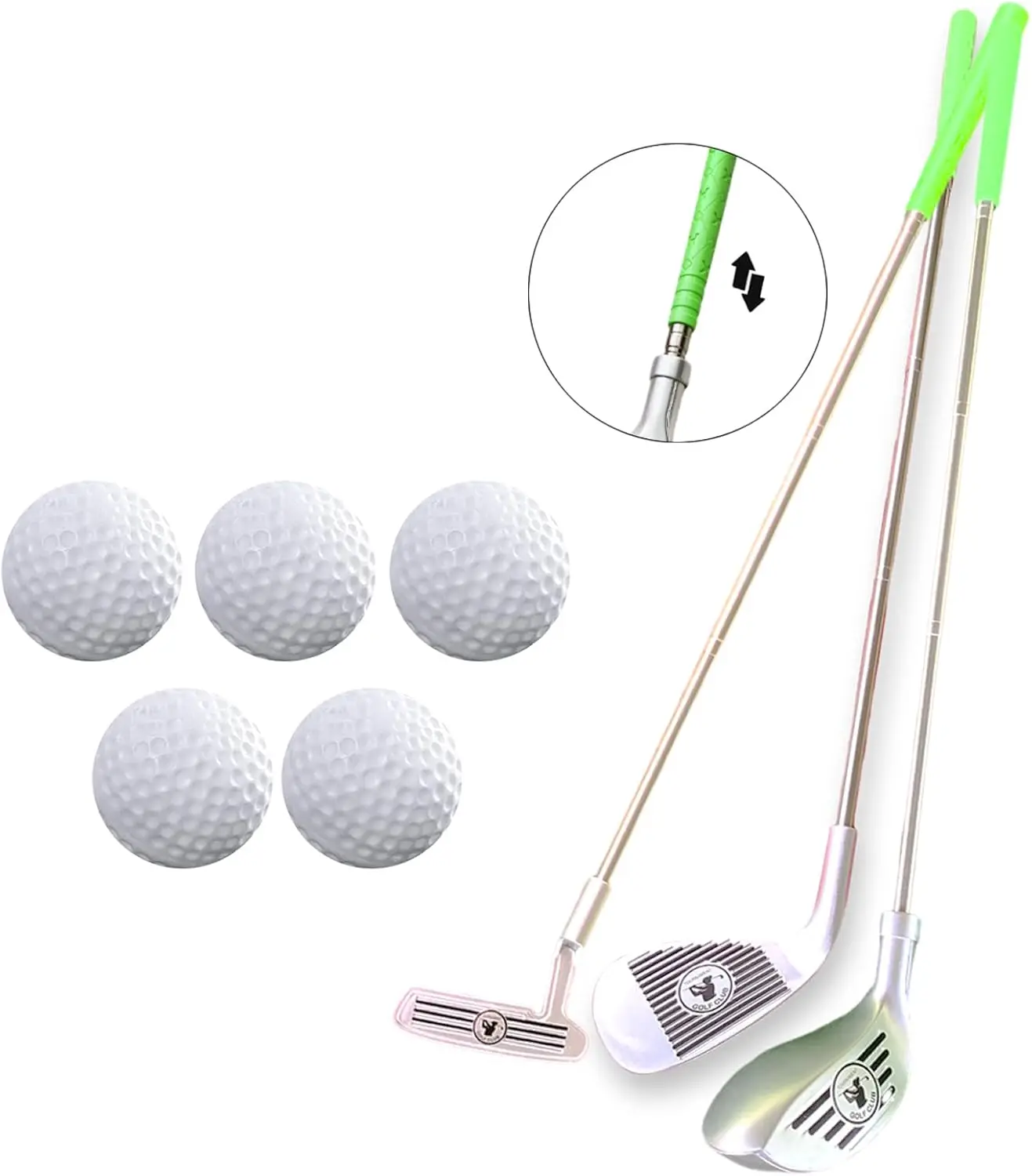 Conjunto de acessórios de golfe telescópico 2 em 1 de 3 barras de 26 polegadas (66 cm), 5 bolas de treinamento brancas, entretenimento infantil de 3 a 8 anos 777-529