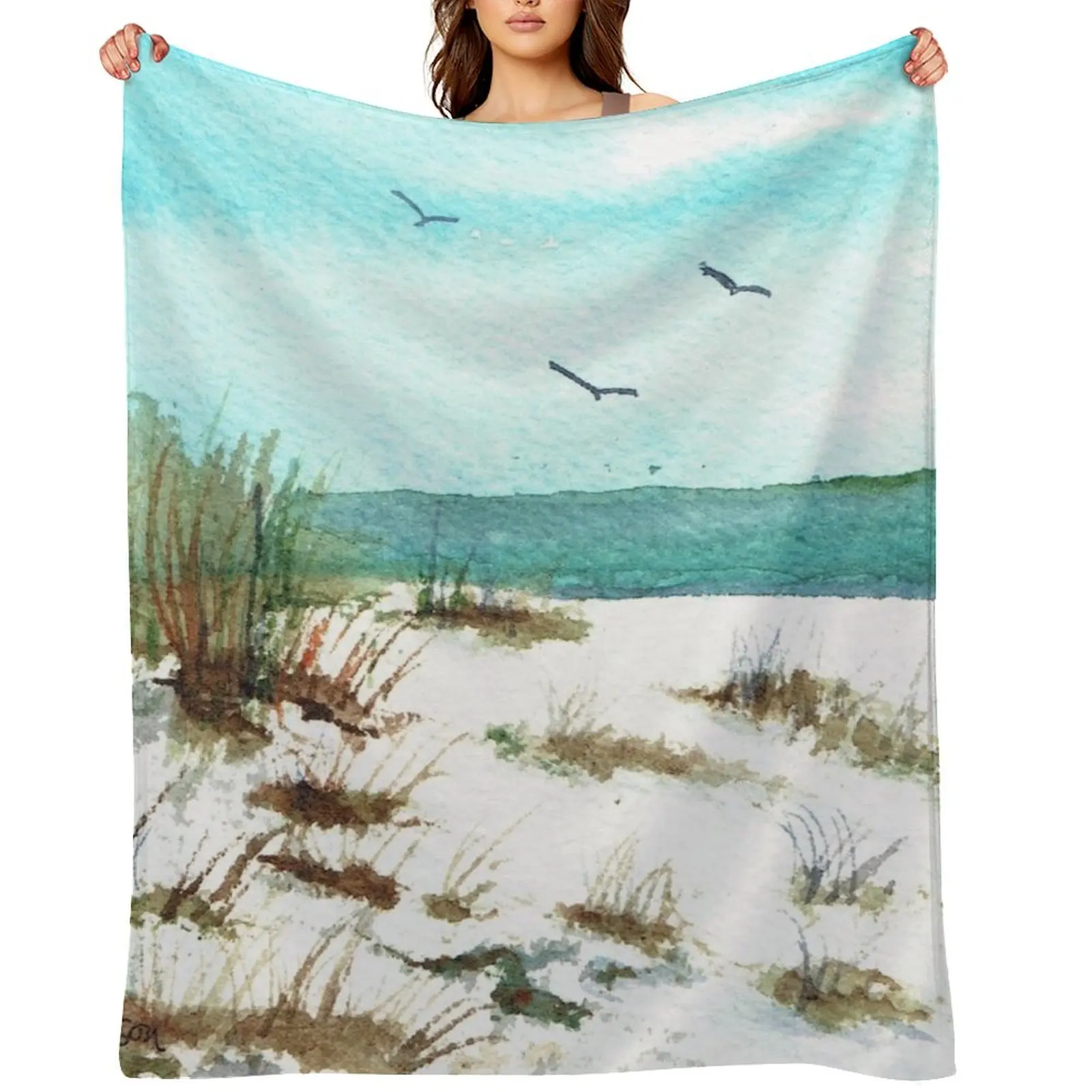 

Sandy Beach with Birds #redbubble #beach Throw Blanket Travel anime funny gift decorative Blankets