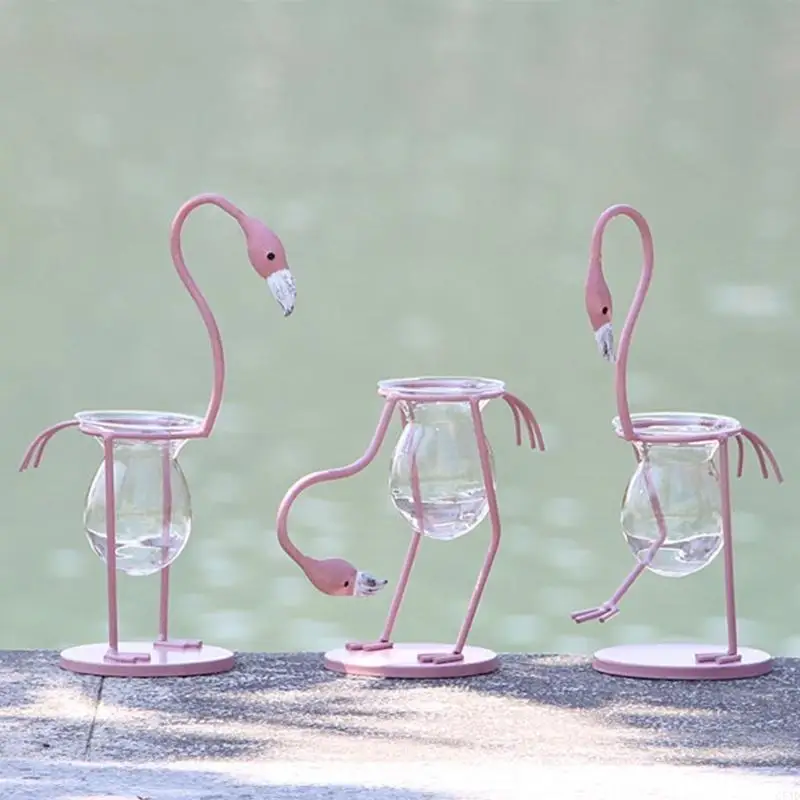 Metal Flower Pot Flamingo Glass Tabletop Plant Bonsai Vase Wedding Christmas Garden Decoration Accessory 3 Types C5AD