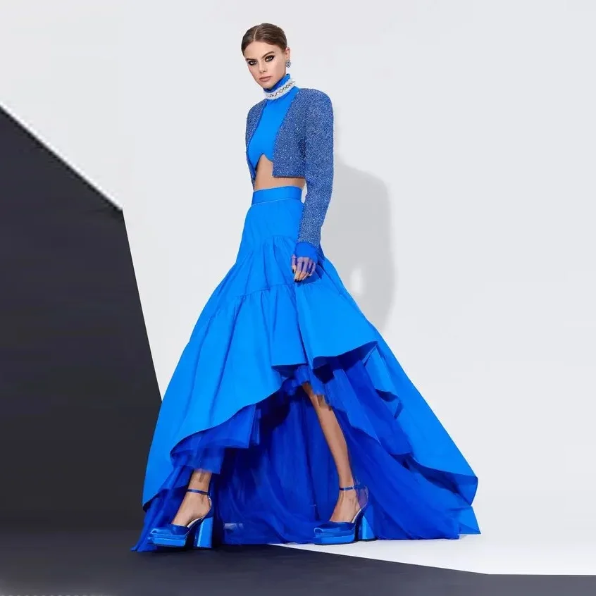 

Fashion Blue Skirts Long Asymmetrical Maxi Skirt Elegance Style Zip Closure Women Skirts Draped Tulle Lining Puffy