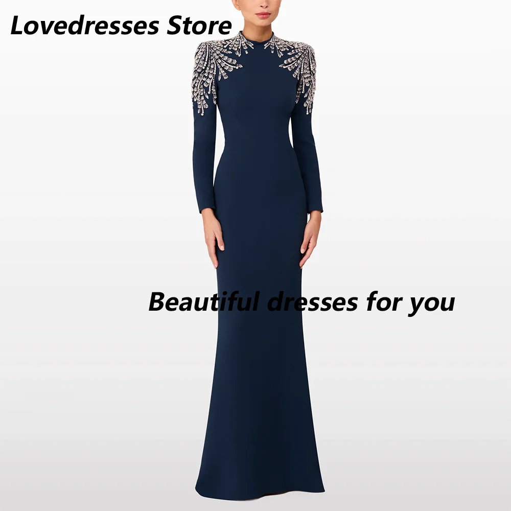 Granatowa Sukienka Wieczorowa Luksusowe Kryształki Długie Rękawy Syreni Krój Suknie Ślubne na Przyjęcia Dekolt O-Neck Trąbka Skromne Sukienki Formalne na Przyjęcia Szyte na Miarę