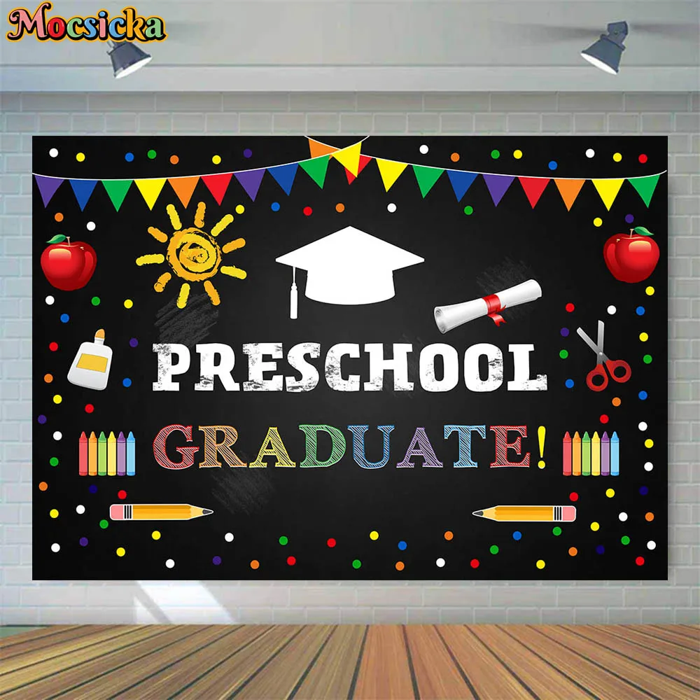 Mocsicka Preschool Graduate Backdrop White Bachelor Cap Blackboard Kindergarten Kids Congrats Grad Photography Background Banner