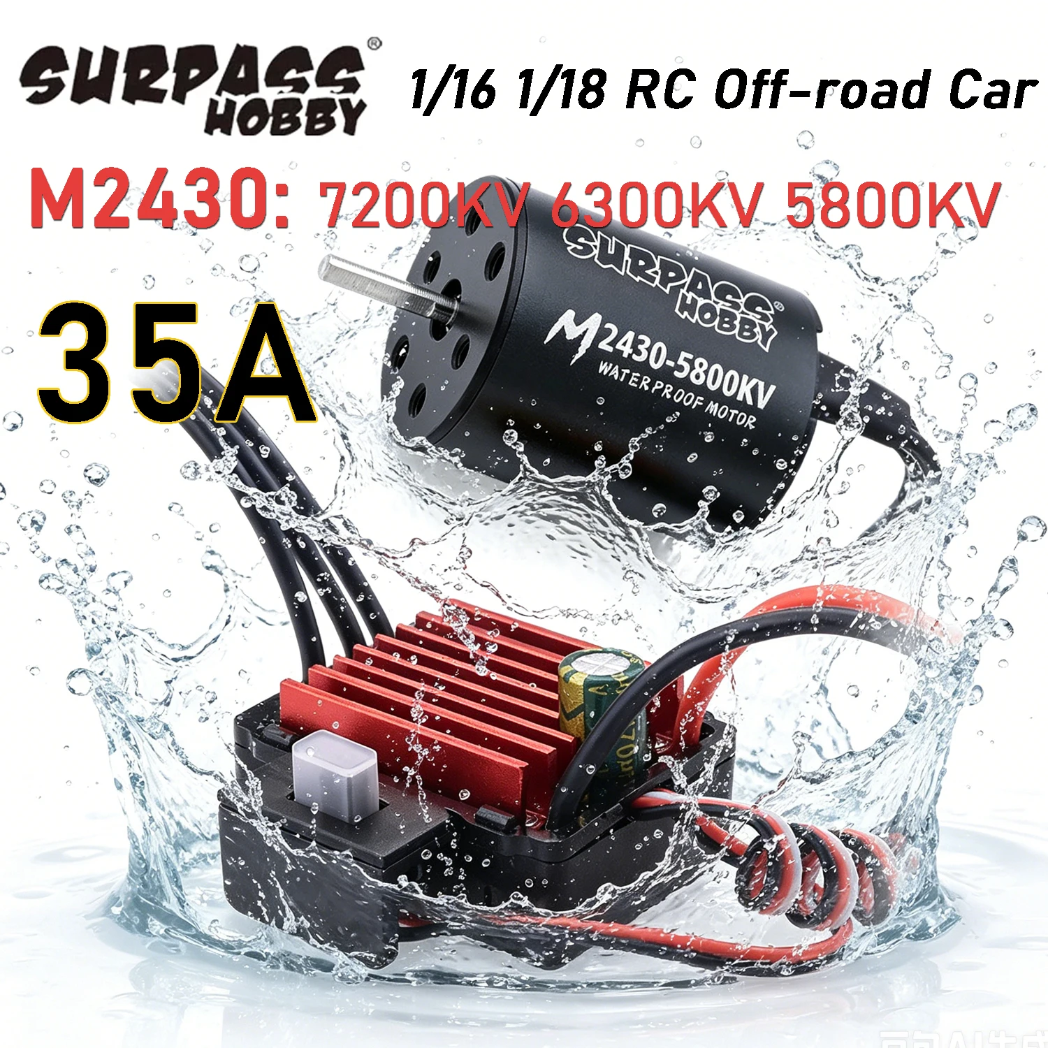 

Surpass Hobby M2430 7200KV / 6300KV / 5800KV Brushless Motor 35A ESC 4-Pole for 1/16 1/18 RC Off-road On-road Buggy Monster Cars