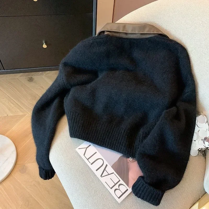 

Long Sleeve Loose Fitting Cropped Outwear Vintage Leather Spliced Knitted Cardigan Coat Women Spring Lapel Collar Sweater Jacket