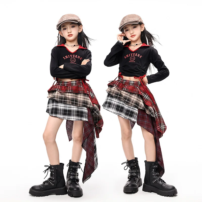Cooles Street Dance-Outfit für Mädchen, Jazz-Hip-Hop-Kostüm, Schnürung, plissiert, kurzärmelig, Rock, Hip-Hop-Kleidung, Tanz-Übungskleidung