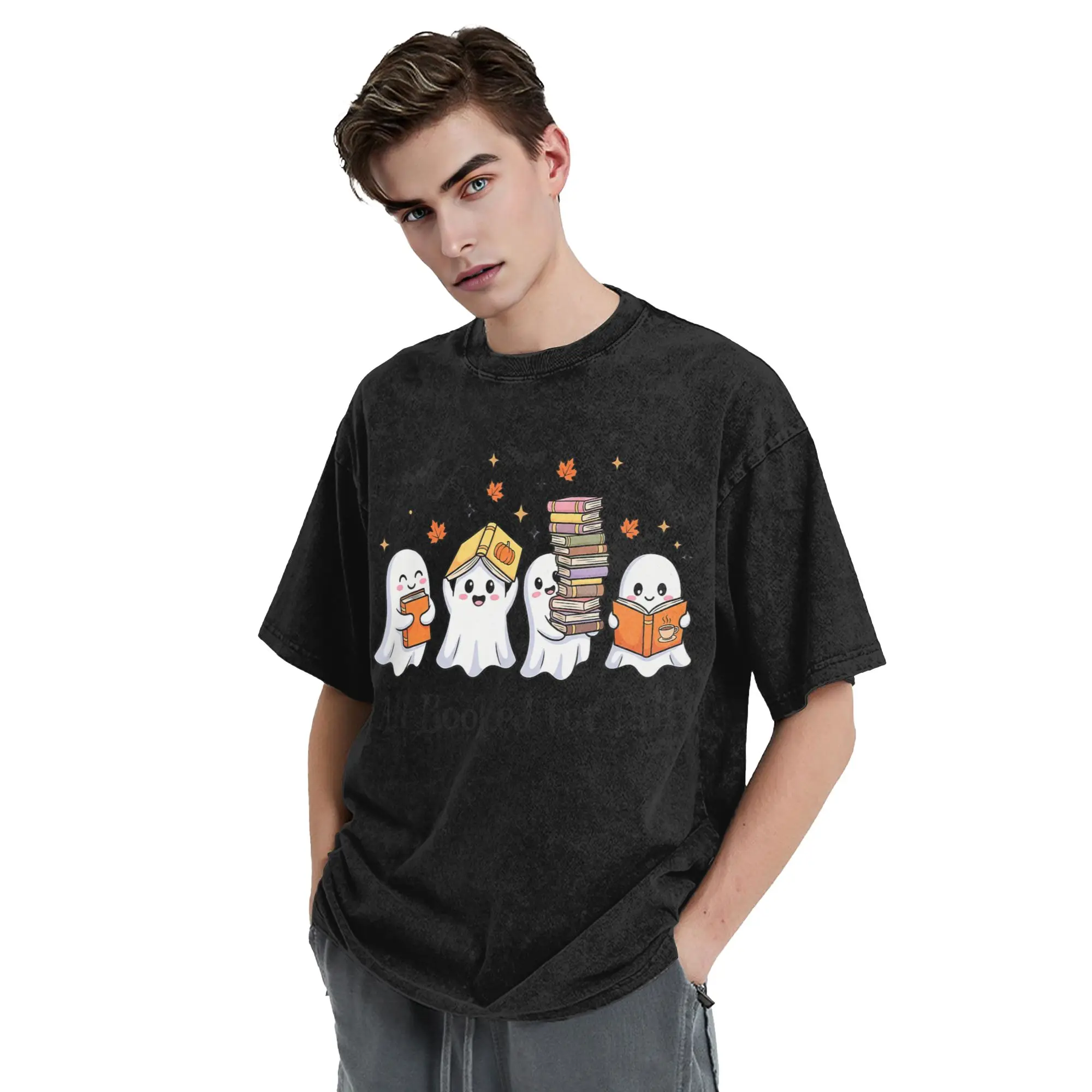 All Booked for Fall Halloween Ghost Washed T Shirts Hip Hop Vintage T-Shirts Humor Book Lover's Tees Men Women Cotton Graphic