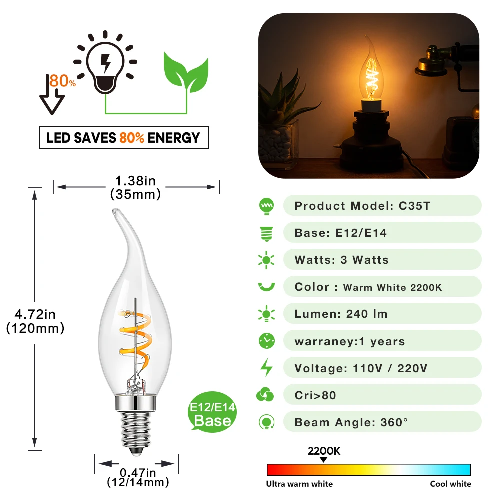 หลอดไฟ LED E14โคมไฟเทียนไข220V 3W ไส้หลอดแบบเกลียวที่สามารถหรี่แสงได้โคมไฟระย้าสีขาวอบอุ่นไฟตกแต่งย้อนยุค