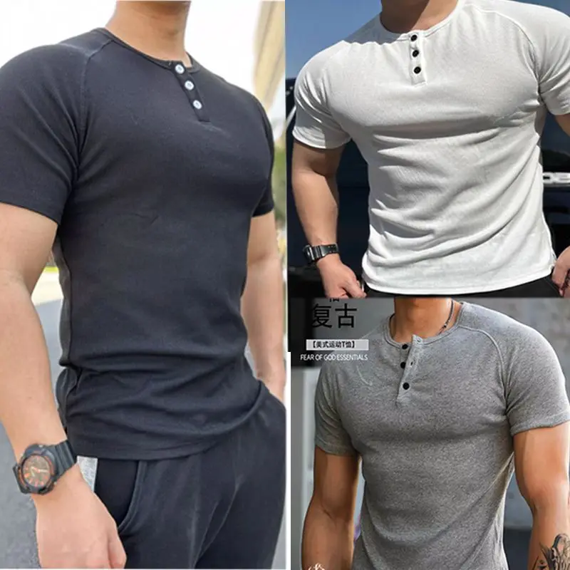 Summer Autumn American Retro Coarse Thread Cotton Henry Shirt Sleeveless Short Sleeved Fitness Slim Fit T-Shirt for Men
