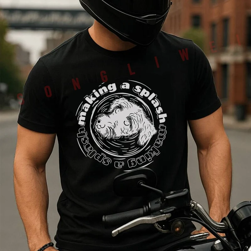 

Dog Looking At The Sky With Circular Phrase Design Moto Summer Short-sleeved Cotton T Shirt Men Women Streetwear Loose T-shirts
