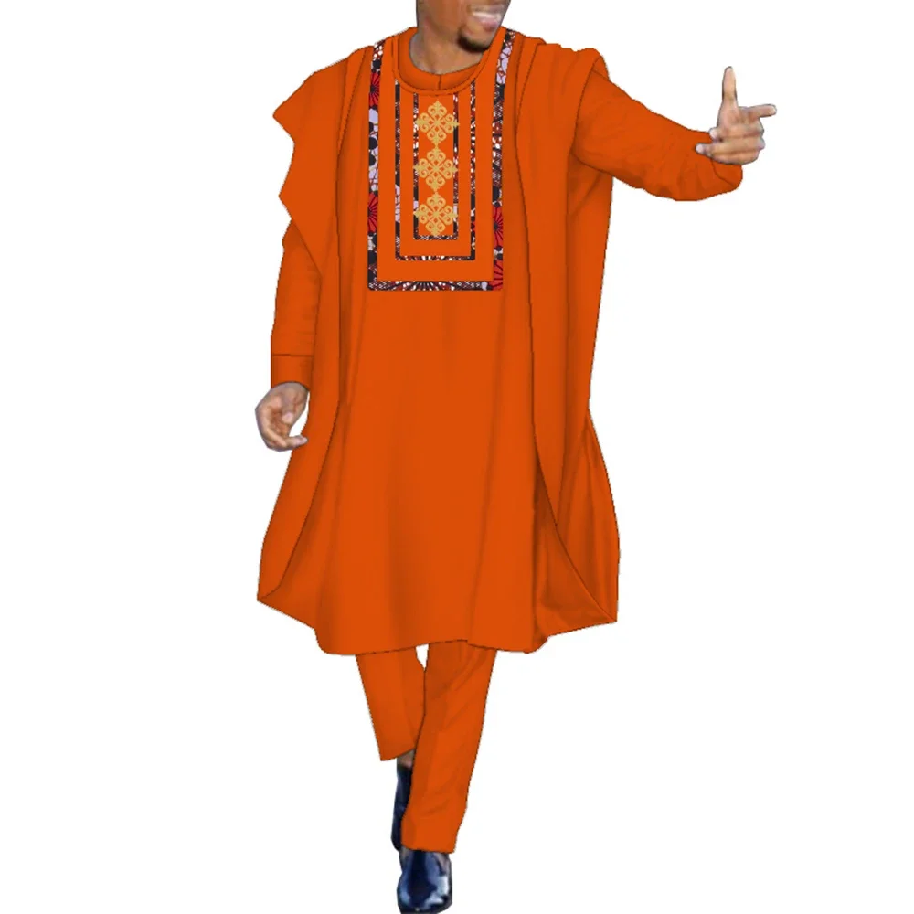 Conjunto de 3 piezas de ropa africana tradicional para hombre, pantalones de vestido con blusa, conjunto de pantalones de Color liso de retazos con
