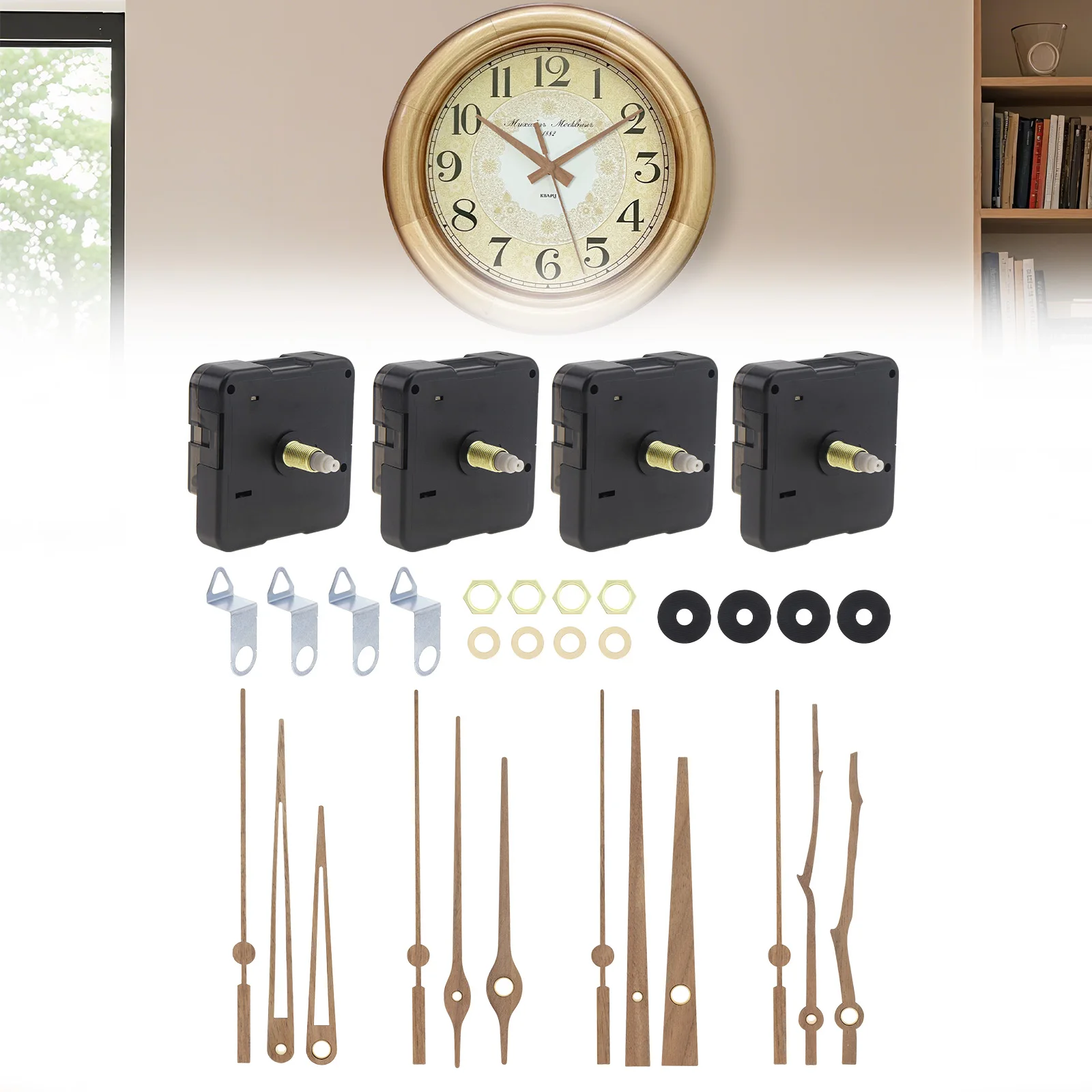 4 Pack 20 Mm Long Shaft Quartz Silent Clock Mechanism Kit for DIY Repair Replacement Part with 4 Sets Walnut Wood Clock Hands
