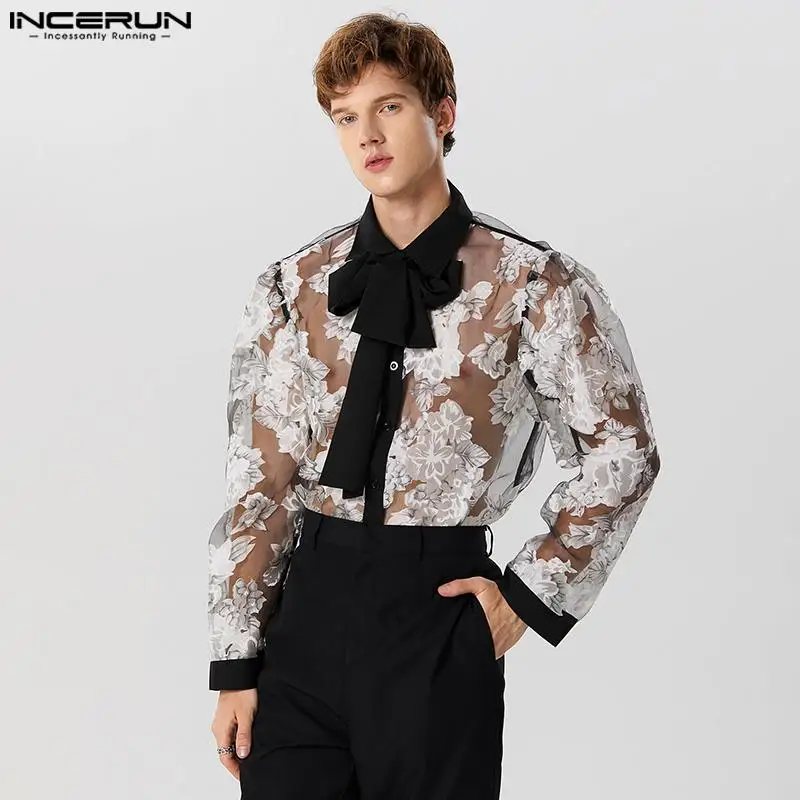 2023 Men Shirt Patchwork Mesh Printed Lace Up Lapel Long Sleeve Sexy Men Clothing Streetwear Transparent Fashion Camisas INCERUN