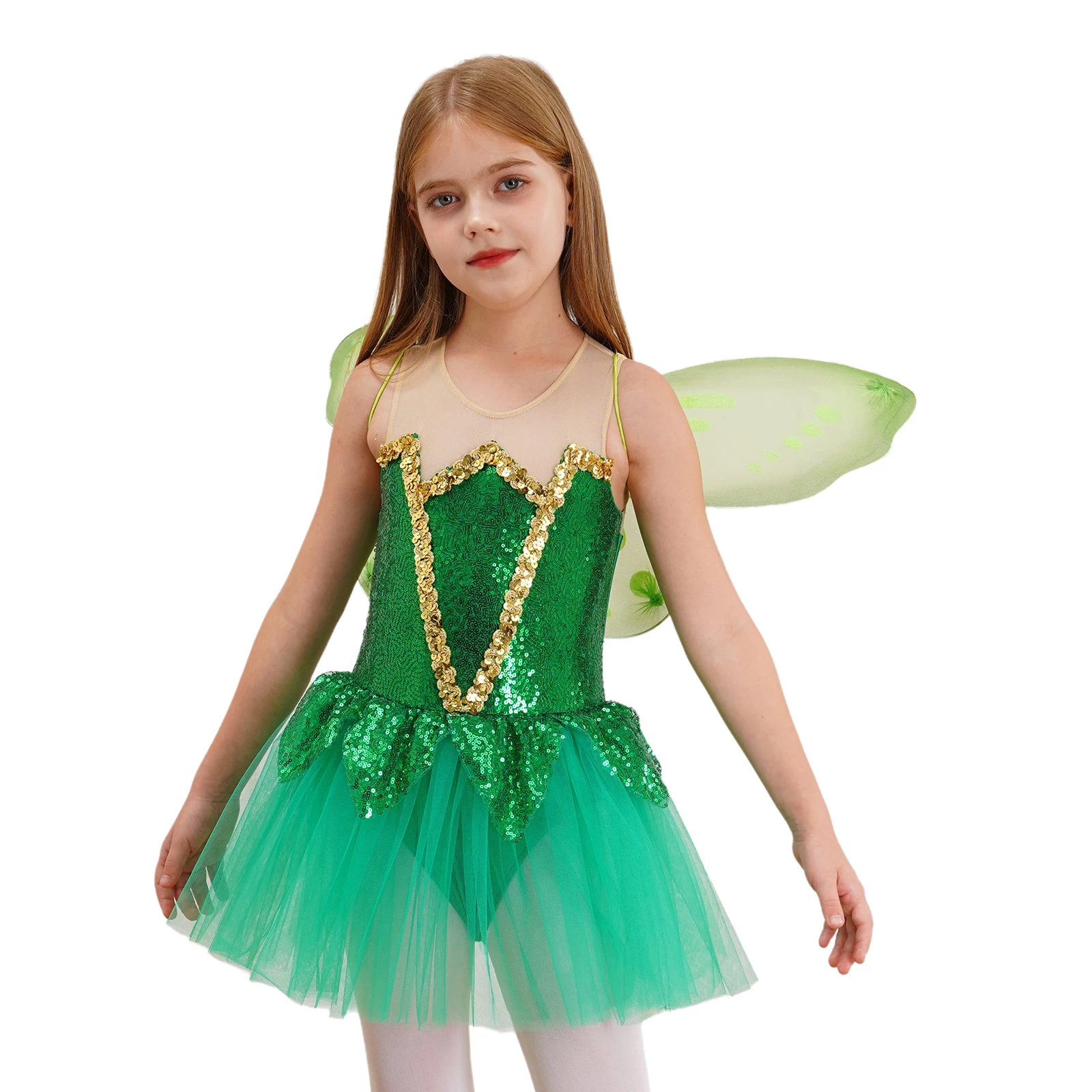 Kinder Mädchen Halloween Elf Tanzkostüm Ärmellos Glänzende Pailletten Kleid Body mit Schmetterlingsflügeln Bühnenaufführungskleidung