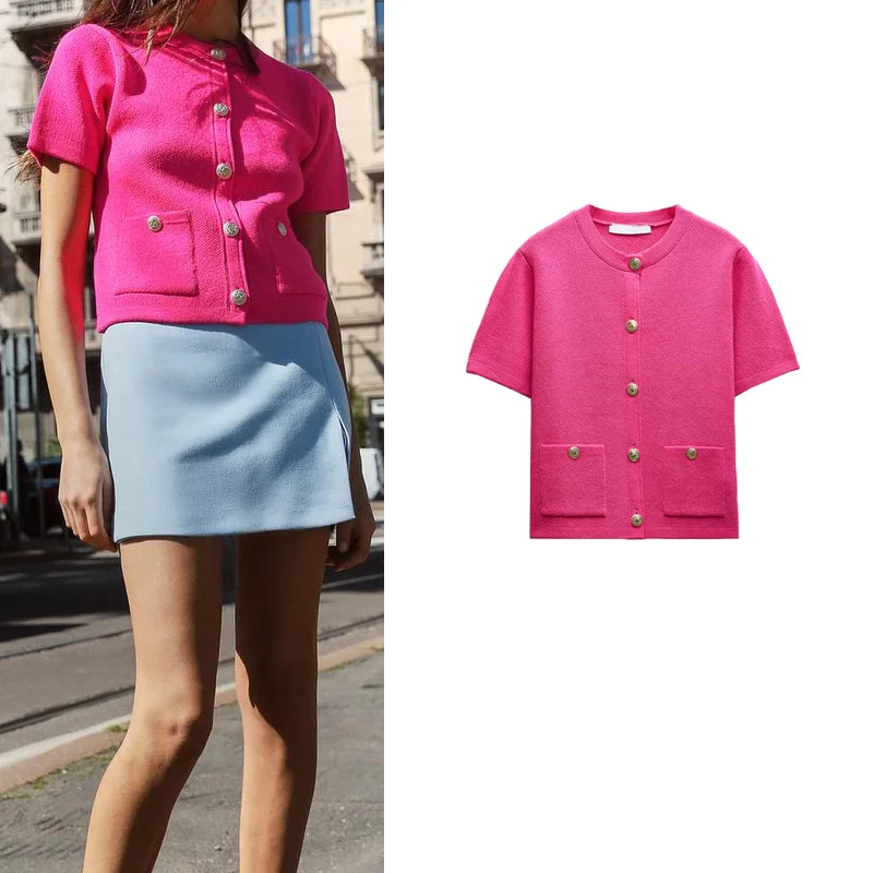 봄 신상 니트 반팔 라운드넥 포켓 장식 향수 스타일 아우터웨어 출퇴근 스타일 폴리에스터 섬유